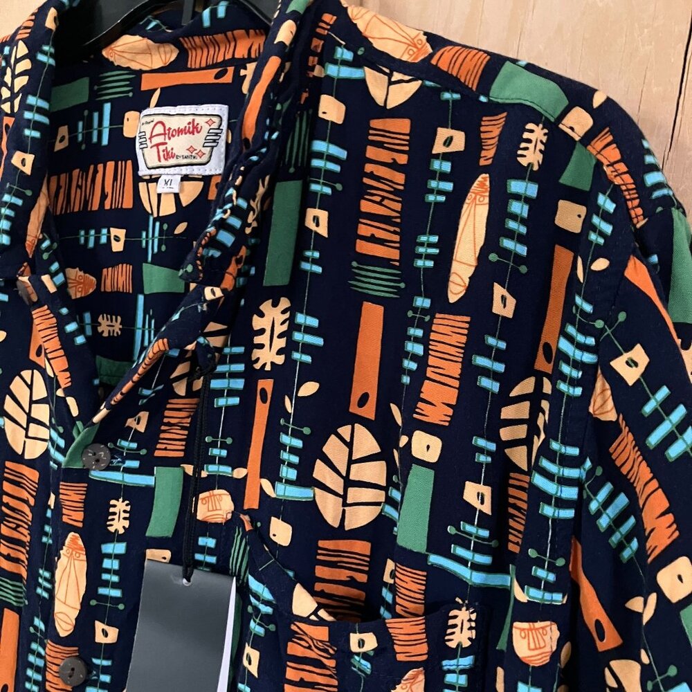Atomik Tiki Mens Retro Hawaiian Tiki Mask Camp Button Up Shirt Sz XL Blue SP NWT